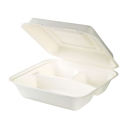 GREENBOX 50 Stück Zuckerrohr Menübox-3-geteilt I nachhaltiges Take-Away-Geschirr biologisch abbaubar I Zuckerrohr Box für heiße & kalte Speisen unbeschichtet 23,8x23,9x8,1cm I Lunchbox 3 Kammern von GREENBOX