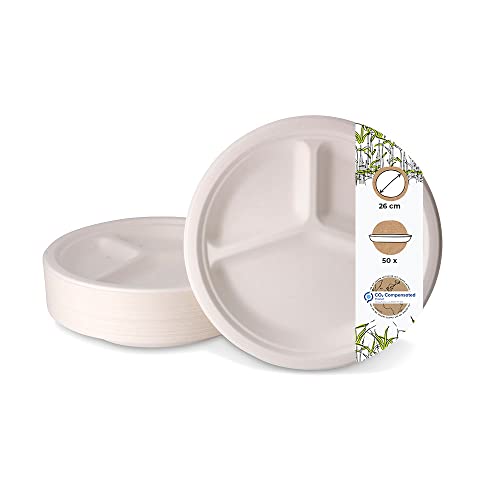 GREENBOX 50x Zuckerrohr-Menüteller mit Unterteilung I Servier-Behälter mit Fächern I Bagasse-Menüschalen 3 geteilt I kompostierbare Teller I Schale mit Einteilung weiss Ø 26 cm Vorteilspack von GREENBOX