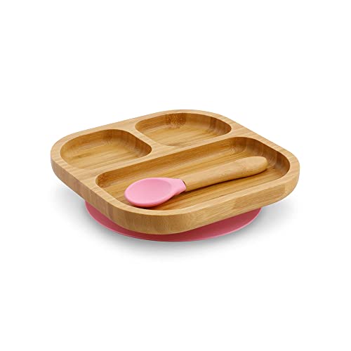 GREENBOX Bambus-Teller-Set quadratisch I Saugnapf-Teller mit Löffel - FSC-zertifiziert I süßes Bambus Holz-Schüssel-Set Kleinkind - Kinder-Teller & Snack-Schale I Baby Bambus-Geschirr eckig pink von GREENBOX