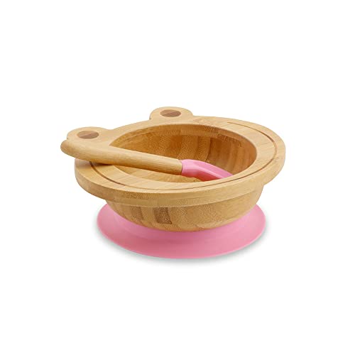 GREENBOX Bambusschalen-Set Frosch I Saugnapf-Schüssel mit Löffel - FSC-zertifiziert I tolles Bambus Holz-Schüssel-Set f. Kinder - Baby-Brei-Schüssel & Müslischale I Baby Bambus-Geschirr pink von GREENBOX