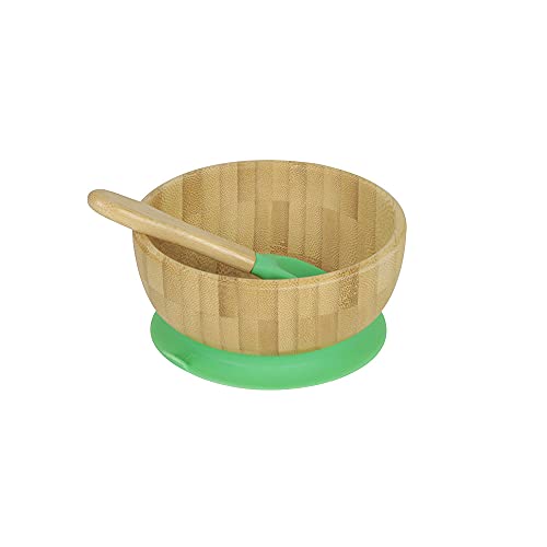 GREENBOX Bambusschalen-Set rund I Saugnapf-Schüssel mit Löffel - FSC-zertifiziert I tolles Bambus Holz-Schüssel-Set f. Kinder - Baby-Brei-Schüssel & Müslischale I Baby Bambus-Geschirr rund Grün von GREENBOX