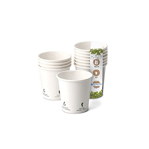 GREENBOX Bio Kaffeebecher Pappe I Kompostierbares und biologisch abbaubares Geschirr I Trinkgefäß Kartonbecher I Einweg Kaffeebecher weiß mit Icondruck 50 Stück 100ml 4 oz von GREENBOX