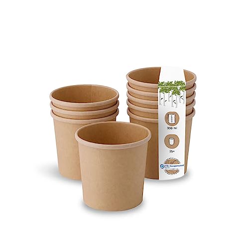 GREENBOX Bio Pappbecher Speisebecher Kraft-Karton Becher braun I Kompostierbare Becher mit PLA Innenbeschichtung Suppen-Becher To Go Eisbecher Pappe I 25 Bio Einweg-Becher biologisch abbaubar 300 ml von GREENBOX