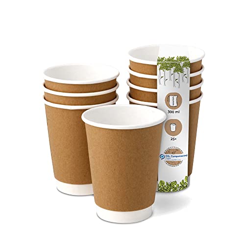 GREENBOX Karton Doppelwand Kaffee Trinkbecher Einweg Bio I 25 Stück To Go Pappbecher innen weiß, Außenwand braun unbedruckt 300 ml / 12 oz I 100% biologisch abbaubar, zertifiziert kompostierbar von GREENBOX