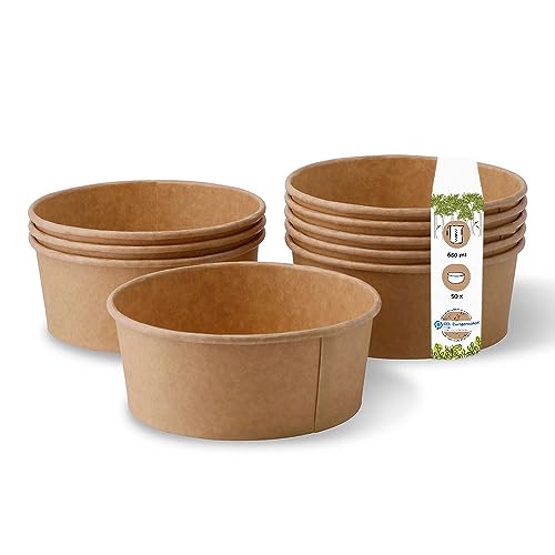 GREENBOX Kraftkarton-Schale 650 ml I 50 St. kompostierbare Suppenschalen aus Kraftkarton - Salatschale mit PLA Innenbeschichtung I To-Go-Geschirr ohne Plastik I Karton-Schalen braun rund von GREENBOX