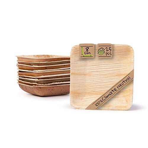 GREENBOX Palmware - Snack Schälchen Set I 25 Bio Einweg Schalen quadratisch 80ml, 8x8cm I Partygeschirr kompostierbar & biologisch abbaubar I Palmblätter Einweg-Geschirr für Fingerfood Dips Buffet, Braun von GREENBOX