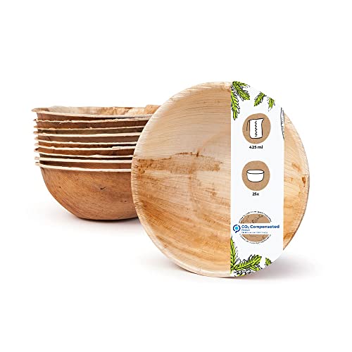 GREENBOX Palmware - umweltfreundliches Einweggeschirr aus Palmblättern I 25 Stück Palmblatt Schale rund 425ml Ø15cm I Salat-Schüssel Dipschalen Suppenschale Servierschale Snackschale, Beige von GREENBOX