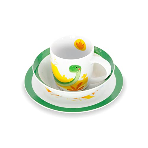 GREENBOX Porzellan Kinder-Geschirrset I Frühstücksset 3-teilig spülmaschinenfest I weißes Tasse-Teller-Schüssel-Set mit Motiv I Geschenkideen für Kinder I lustiges Kindergeschirr mit Dino-Bild von GREENBOX