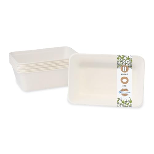 GREENBOX Zuckerrohr-Schalen 650 ml I 50 St. kompostierbare Suppenschalen aus Bagasse - biologisch abbaubar I Hochwertige Döner-Menü-Box ungeteilt I Take-Away-Geschirr weiß rechteckig 50 Stück von GREENBOX