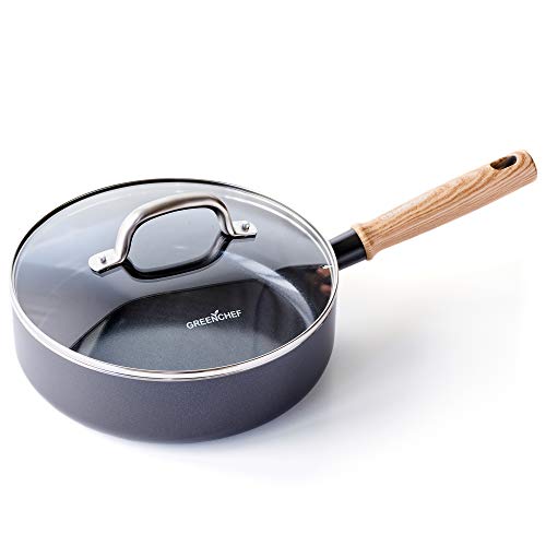 GreenChef Vintage Gesunde keramische Antihaftbeschichtung, 24cm/3,1 Liter Schmorpfanne mit Deckel, Griff in Holzoptik, PFAS-frei, induktionsgeeignet, spülmaschinenfest, grau von GreenChef