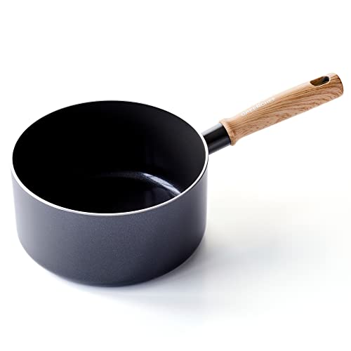 GreenChef Vintage Gesunde Keramische Antihaftbeschichtung, 20cm/3,1 Liter Stielkasserole, Griff in Holzoptik, PFAS-frei, Induktionsgeeignet, Spülmaschinenfest, Grau von GreenChef