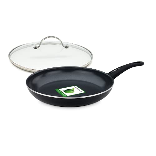 GreenChef Pfanne Bratpfanne Induktion Keramik Beschichtet, Toxinfreies Kochen, Ofen- und Spülmaschinengeeignet mit Universal Glasdeckel für Bratpfanne und Kochtopf mit Edelstahl Griff - 28 cm, Schwarz von GreenChef