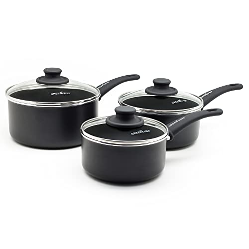 GreenChef Diamond Soft Grip Stielkasserollen-Set mit Antihaftbeschichtung, 16cm, 18cm & 20cm, PFAS-frei, Schwarz von GreenChef