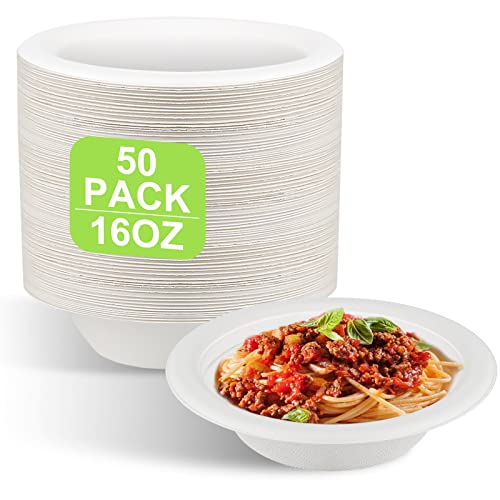 GREENESAGE Einweg Suppenschalen Suppenteller Schalen 470ML 50 Stück aus Zuckerrohr Einweggeschirr Einmal Salatschale Einwegsuppenschale Bio Suppenschüssel Rund Weiß von GREENESAGE