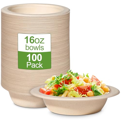 GREENESAGE 100 Stück Pappschalen Einweg Suppenschalen 470ML aus Zuckerrohr Einweggeschirr Einmal Schalen Einwegsuppenschale Bio Suppenschüssel Rund Braun Kompostierbares von GREENESAGE