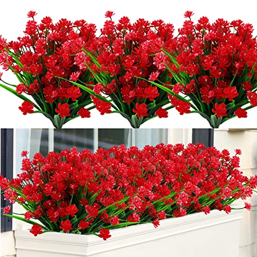 6 Bündel Künstliche Blumen Lotus Outdoor Fake Blumen für Dekoration UV beständig kein Verblassen Faux Kunststoff Pflanzen Garten Veranda Fenster Box Dekor (rot) von GREENRAIN