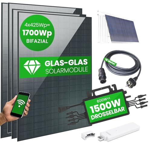 GreenSurfer Balkonkraftwerk 4x425W bifaziale Glas-Glas-Solarmodule - 1500W Hoymiles Wechselrichter - mit Balkonhalterung - Mini PV Anlage Komplettset für die Steckdose (inkl. 10m Schukosteckerkabel) von GREENSURFER