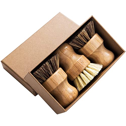 Palmen-Topfbürste aus Bambus, rund, 3 Packungen Mini-Geschirrbürste, langlebiges Schrubber Reinigungsset mit Union Fiber und Tampico Faser zum Reinigen von Töpfen, Pfannen und Gemüse von GREENTH PRO