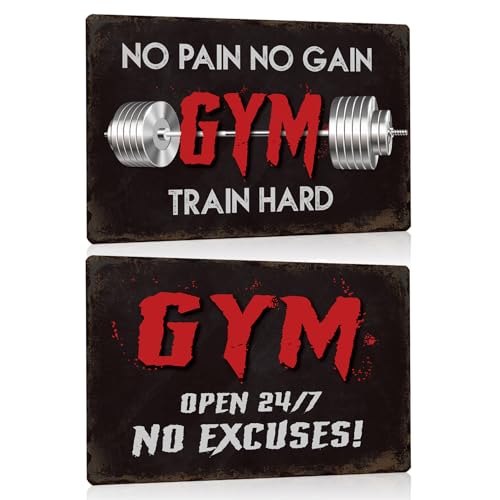 2er Set Gym Blechschild mit Motivation Spruch 20x30cm - NO PAIN NO GAIN - GYM OPEN 24/7 - Motivations Metallschild Schild Bild Poster Wanddekoration - Geschenke für Fitnessraum Fitnessstudio (D) von GREENWR