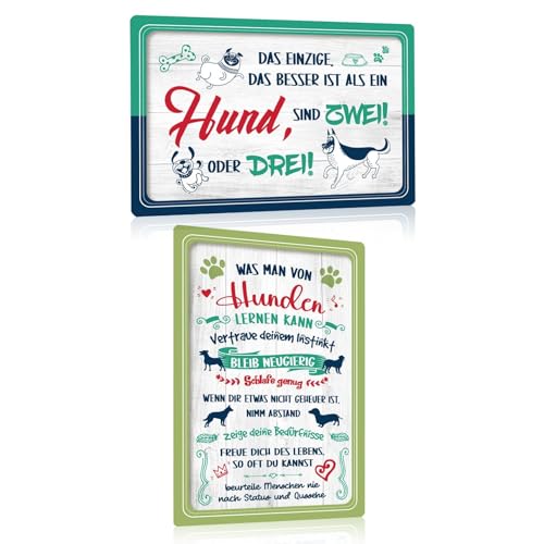2er Set Hunde Schild mit Spruch Lustig 20x30cm - Retro Hunden Blechschilder - WAS MAN VON HUNDEN LERNEN KANN - MEHR HUNDE - Metallschild Dekoration Geschenk für Haustier und Hundenarr von GREENWR