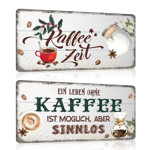2er Set Kaffee Schilder 15x30cm - Retro Blechschild Coffee Bar mit Spruch Lustig - KAFFEE ZEIT- EIN LEBEN OHNE KAFFEE IST MÖGLICH, ABER SINNLOS - Cafe Poster Wanddeko Geschenk für Küche Kaffeehaus von GREENWR