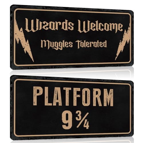 2er Set Lustige Willkommen Schild 15x30cm - Witzige Wand Türschilder mit Spruch - Wizards Welcome - PLATFORM 9 3/4 - Humor Blechschild Wanddeko Geschenk für Teenager Jungezimmer Mädchenzimmer von GREENWR