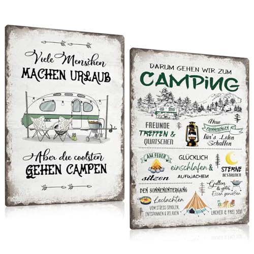 2er Set Retro Blechschilder Camping - Viele Menschen machen Urlaub, die coolsten gehen campen - Camping lustig Spruch - Campingplatz Metallschild für Camper Wohnmobil Wohnwagen Deko 20x30cm (A) von GREENWR
