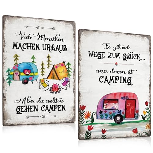 2er Set Retro Blechschilder Camping - Viele Menschen machen Urlaub, die coolsten gehen campen - Camping lustig Spruch - Campingplatz Metallschild für Camper Wohnmobil Wohnwagen Deko 20x30cm (D) von GREENWR