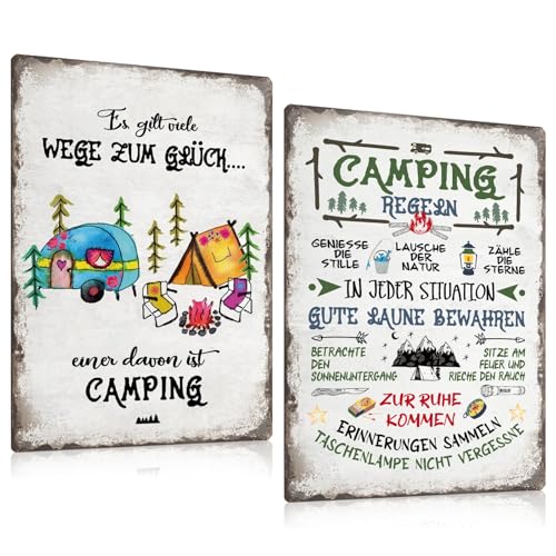 2er Set Retro Blechschilder Camping lustig Spruch - Camping Regeln - Campingplatz Metallschild für Camper Wohnmobil Wohnwagen Wohnmobilfahrer als lustige Deko Geschenkidee 20x30cm (B) von GREENWR