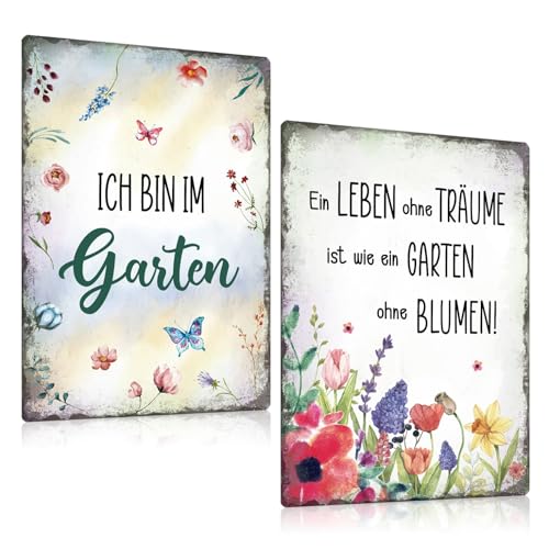 2er Set Retro Blechschilder Garten 20x30cm - Bienen Metallschilder mit sprüchen - ich bin im Garten - BLUMEN LEBEN SCHMETTERLING - Vintage Gartenschild Geschenk(D) von GREENWR