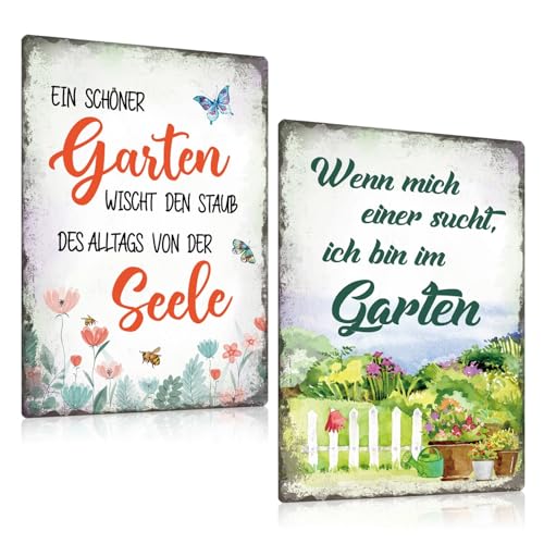 2er Set Retro Blechschilder Garten 20x30cm - Bienen Metallschilder mit sprüchen - ich bin im Garten - EIN schöner Garten wischt den Staub des Alltags von der Seele - Vintage Gartenschild Geschenk (E) von GREENWR