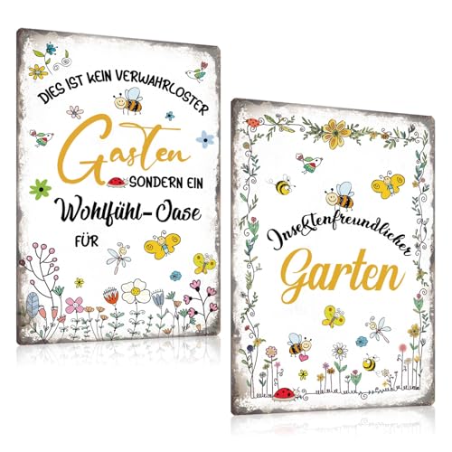 2er Set Retro Blechschilder Garten 20x30cm - Bienen Metallschilder mit sprüchen lustig - Vintage Gartenschild Wandschild Wanddekoration Schild Geschenk (A) von GREENWR
