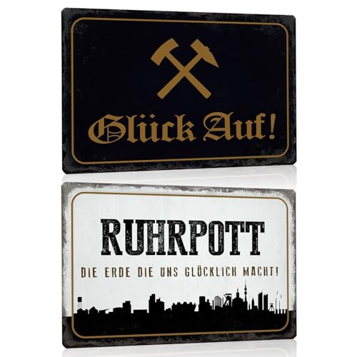 2er Set Ruhrpott Blechschilder 20x30cm - Retro Metallschilder mit Sprüchen Lustig - Glück auf - Die Erde die uns glücklich macht - Witzige Humor Deko Schild Geschenk für Ruhrgebietsbewohner von GREENWR