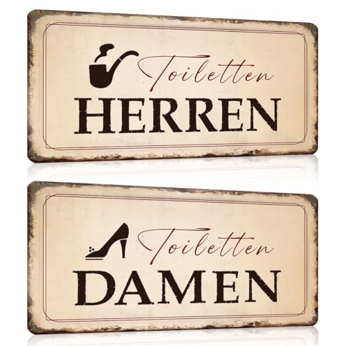 2er WC Schild Set HERREN und DAMEN 30x15cm - Blechschilder Retro Toilette Metallschild mit Spruch - Bad Gästebad klo Toilettenschild Wand-Schild Dekoration Zubehör von GREENWR