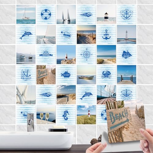 36 Stück Fliesenaufkleber Bad & Badezimmer Selbstklebende- Fliesenfolie PVC mit Leuchtturm Strand Maritime Deko-Wasserdicht Quadratisch Fliesensticker für Wand-fliesen Dekorative (01, 10x10cm) von GREENWR