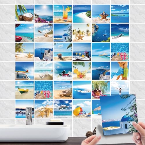 36 Stück Fliesenaufkleber Bad & Badezimmer Selbstklebende- Fliesenfolie PVC mit Strand Meerblick & Seestern-Wasserdicht Fliesensticker für Wand-fliesen Dekorative (04, 15x15cm) von GREENWR