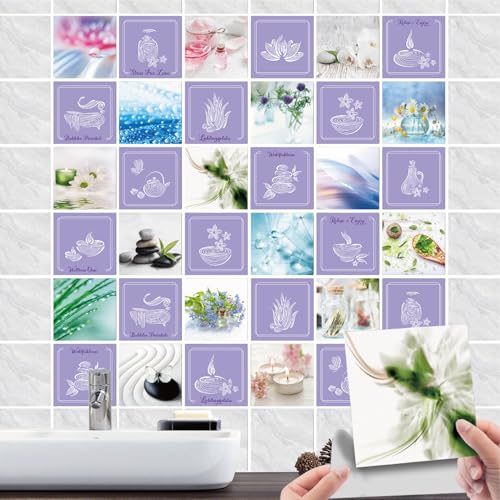 36 Stück Fliesenaufkleber Bad & Badezimmer Selbstklebende- Fliesenfolie PVC mit Wellness Steine Anlage Wasser Tropfen Spa -Wasserdicht Fliesensticker für Wand-fliesen Dekorative (03, 10x10cm) von GREENWR