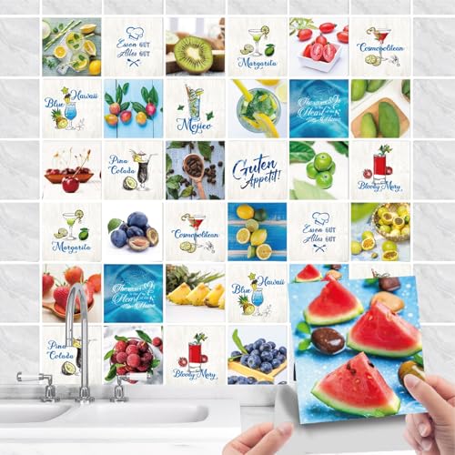 36 Stück Fliesenaufkleber Küche Selbstklebende - Küchenrückwand Fliesenfolie PVC mit Cocktail Zitrone Obst - Wasserdicht Ölfest Fliesensticker für Wand-fliesen Schrank Dekorative (Obst, 20x20cm) von GREENWR
