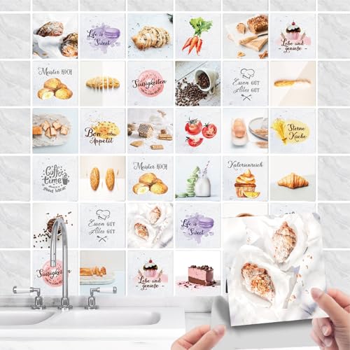 36 Stück Fliesenaufkleber Küche Selbstklebende - Küchenrückwand Fliesenfolie PVC mit Essen Brot Kuchen Spruch - Wasserdicht Ölfest Fliesensticker für Wand-fliesen Dekorative (Brot weiß, 10x10cm) von GREENWR
