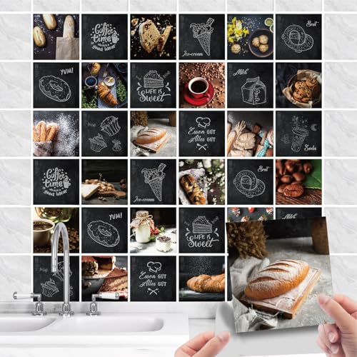 36 Stück Fliesenaufkleber Küche Selbstklebende - Küchenrückwand Fliesenfolie PVC mit Essen Spruch - Wasserdicht Ölfest Quadratisch Fliesensticker für Wand-fliesen Dekorative (Brot schwarz, 10x10cm) von GREENWR