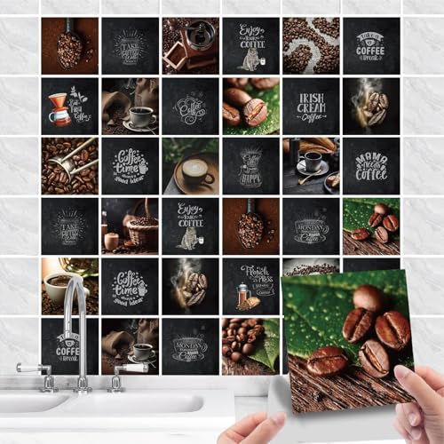 36 Stück Fliesenaufkleber Küche Selbstklebende - Küchenrückwand Fliesenfolie PVC mit Kaffee Spruch - Wasserdicht Ölfest Fliesensticker für Wand-fliesen Schrank Dekorative (Kaffee schwarz, 10x10cm) von GREENWR