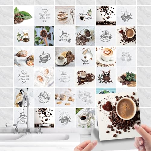 36 Stück Fliesenaufkleber Küche Selbstklebende - Küchenrückwand Fliesenfolie PVC mit Kaffee Spruch - Wasserdicht Ölfest Fliesensticker für Wand-fliesen Schrank Dekorative (Kaffee weiß, 10x10cm) von GREENWR