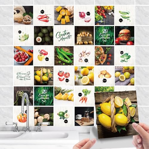 36 Stück Fliesenaufkleber Küche Selbstklebende - Küchenrückwand Fliesenfolie PVC mit Obst Zitrone Gemüse - Wasserdicht Ölfest Fliesensticker für Wand-fliesen Schrank Dekorative(Gemüse, 10x10cm) von GREENWR