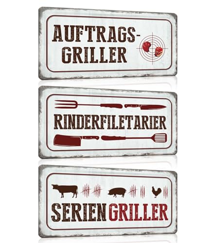 3er Set Grill Schilder 15x30cm - Retro Blechschild mit Spruch Lustig - AUFTRAGS-GRILLER - SERIENGRILLER - RINDERFILETARIER - BBQ Poster Wanddeko Geschenk für Küche Grillplatz Grillecke Garten von GREENWR