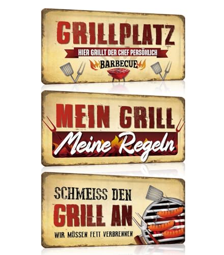 3er Set Grill Schilder 15x30cm - Retro Blechschild mit Spruch Lustig - GRILLPLATZ - MEIN GRILL MEINE REGELN - BBQ Poster Wanddeko Geschenk für Küche Köche Grillplatz Grillecke Terasse von GREENWR