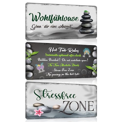 3er Set Whirlpool Schild mit Spruch Lustig 15x30cm - Wohlfühl Oase Retro Blechschilder - Stressfreie Zone - Gönn dir eine Auszeit - Hot Tub Rules - Garten Pool Metallschild Wanddekoration Geschenk von GREENWR