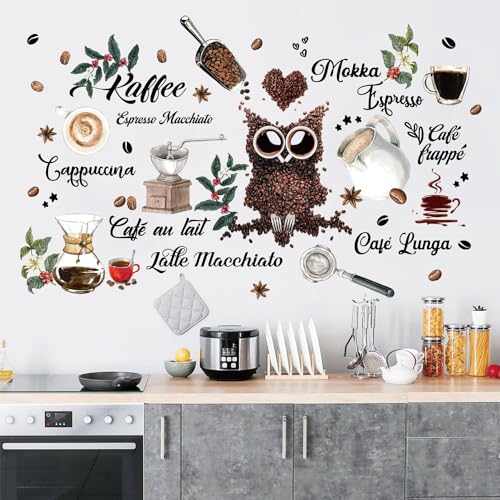 47 Stück | Wandtattoo Kaffeesorten | Kaffee Eule Kaffeebohnen Kaffeetasse Wandaufkleber | Kaffee Wanddeko Geschenke für Wohnzimmer Esszimmer Kaffee-Bar Küche Kühlschrank Schrank von GREENWR