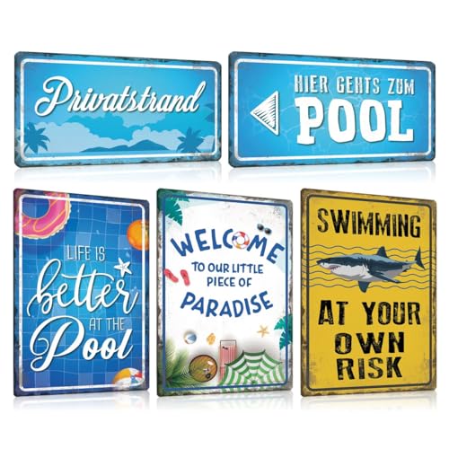 5er Set Blechschild Retro Pool mit Spruch Lustig | PRIVATSTRAND | SWIM AT YOUR OWN RISK | PARADISE | Schwimmbad Sicherheitsschild Warnschild Wetterfest Schild Deko Zubehör für Pools Outdoor von GREENWR