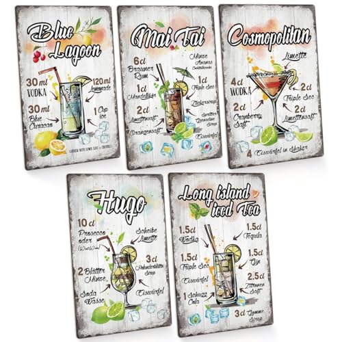 5er Set Cocktail Schild | Cocktailbar Retro Blechschilder | Metallschilder Cocktail Rezepte | MAI TAI,COSMOPOLIT,BLUE LAGOON | Bild Poster für Küche Bar Kneipe Pub Party-keller Wand-deko 30x20cm von GREENWR