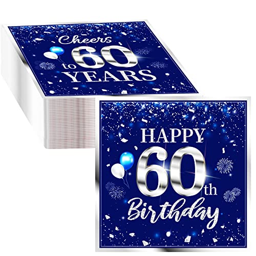 40 Stück Servietten zum 60. Geburtstag, Party-Dekorationen, 60 Jahre alt, silberblau, Einweg-Servietten, für Geburtstag, Getränke, Dessert, Kuchen, Tischdekorationen, 2-lagig, silberfarben, blauL8 von GREHUMOR